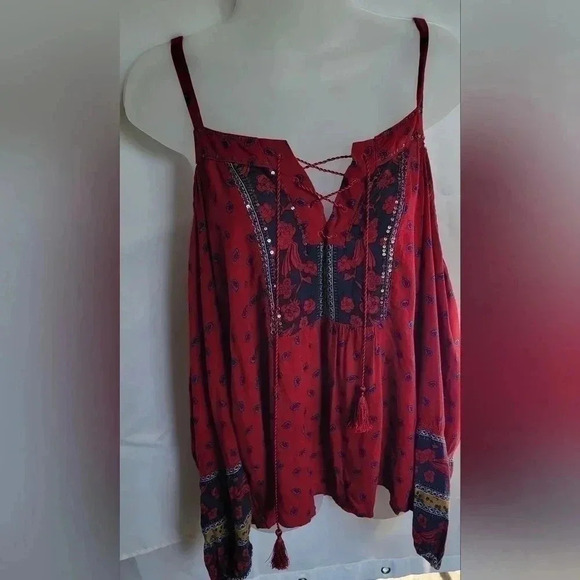 VTG Y2K Abercrombie Fitch Boho Top Cold Shoulder Red Floral Gypsy Size S - Picture 8 of 13